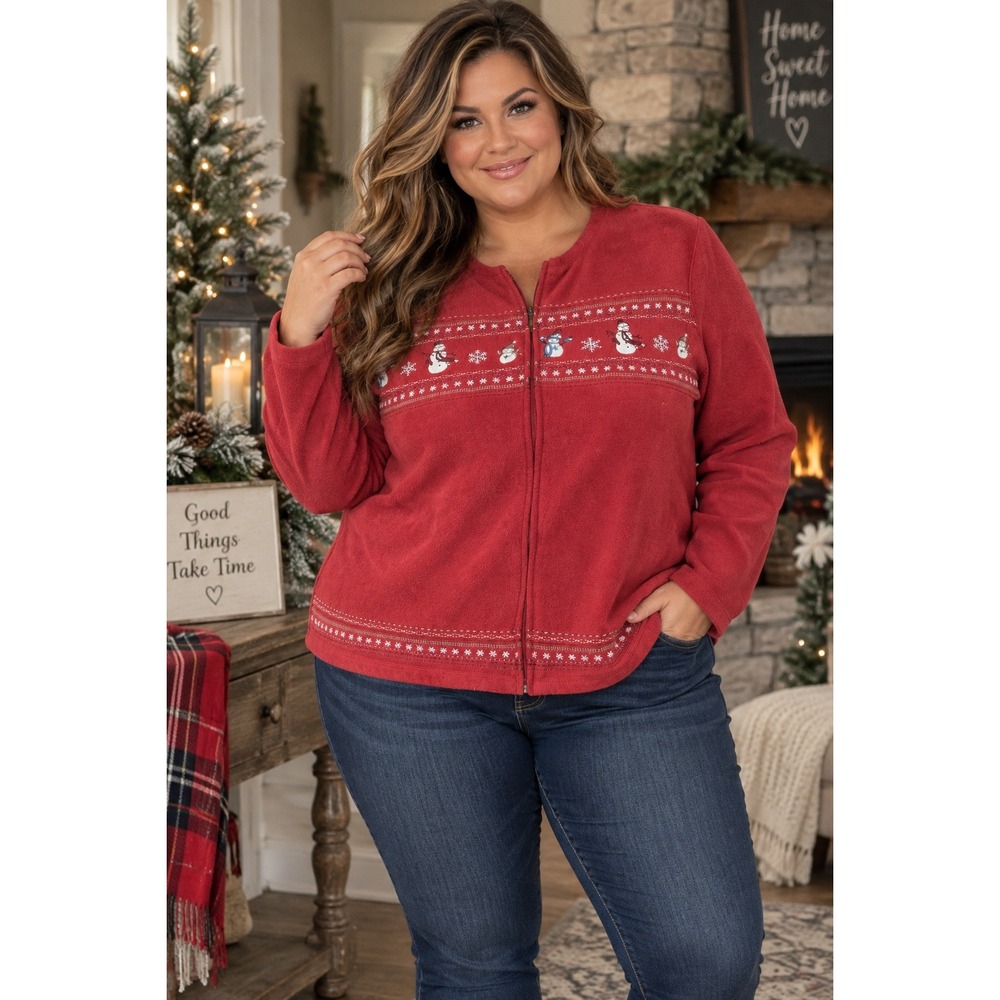 Croft & Barrow Red Fleece Snowman Holiday Zip Up Jacket Plus Sz 2X embroidered